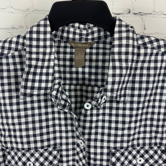 Bit & Bridle Navy and White Plaid Checkered Button Down Shirt Size Large - Picture 2 of 7